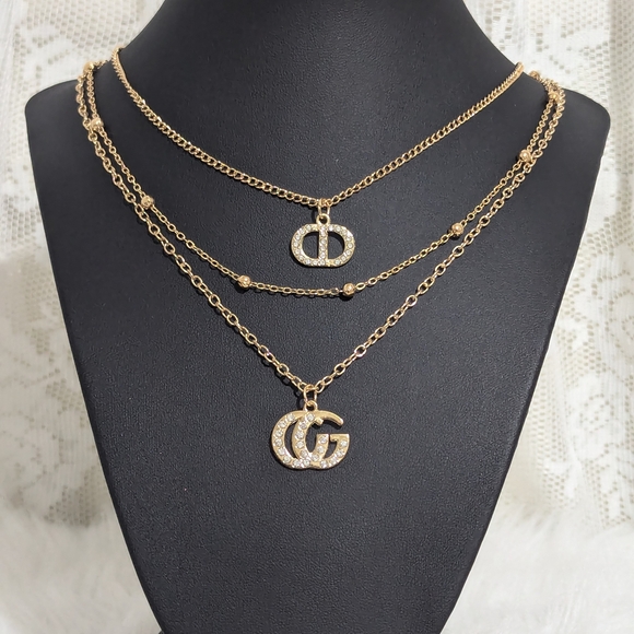 Jewelry - Gold Triple Layer Necklace with Crystal Accents